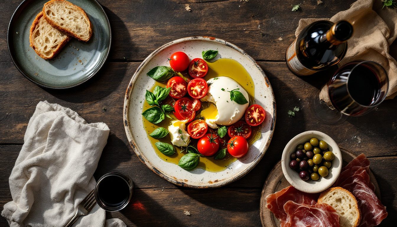 Une burrata ouverte, des tomates, du basilic et de l’huile d’olive sur une table de bois, avec du pain, des olives et un verre de vin rouge